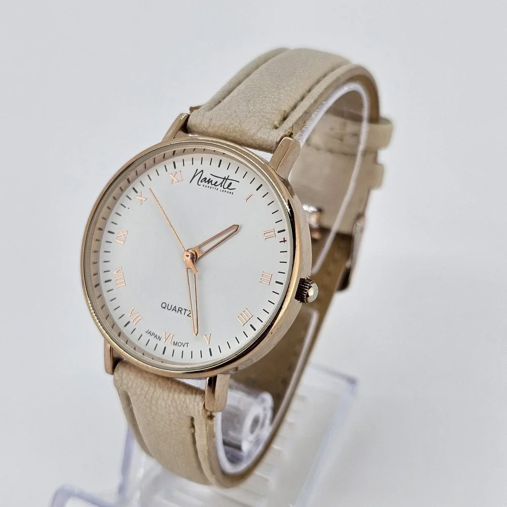Women's Analog Watch 36MM White Dial Cream Faux Leather Bands NEW Battery